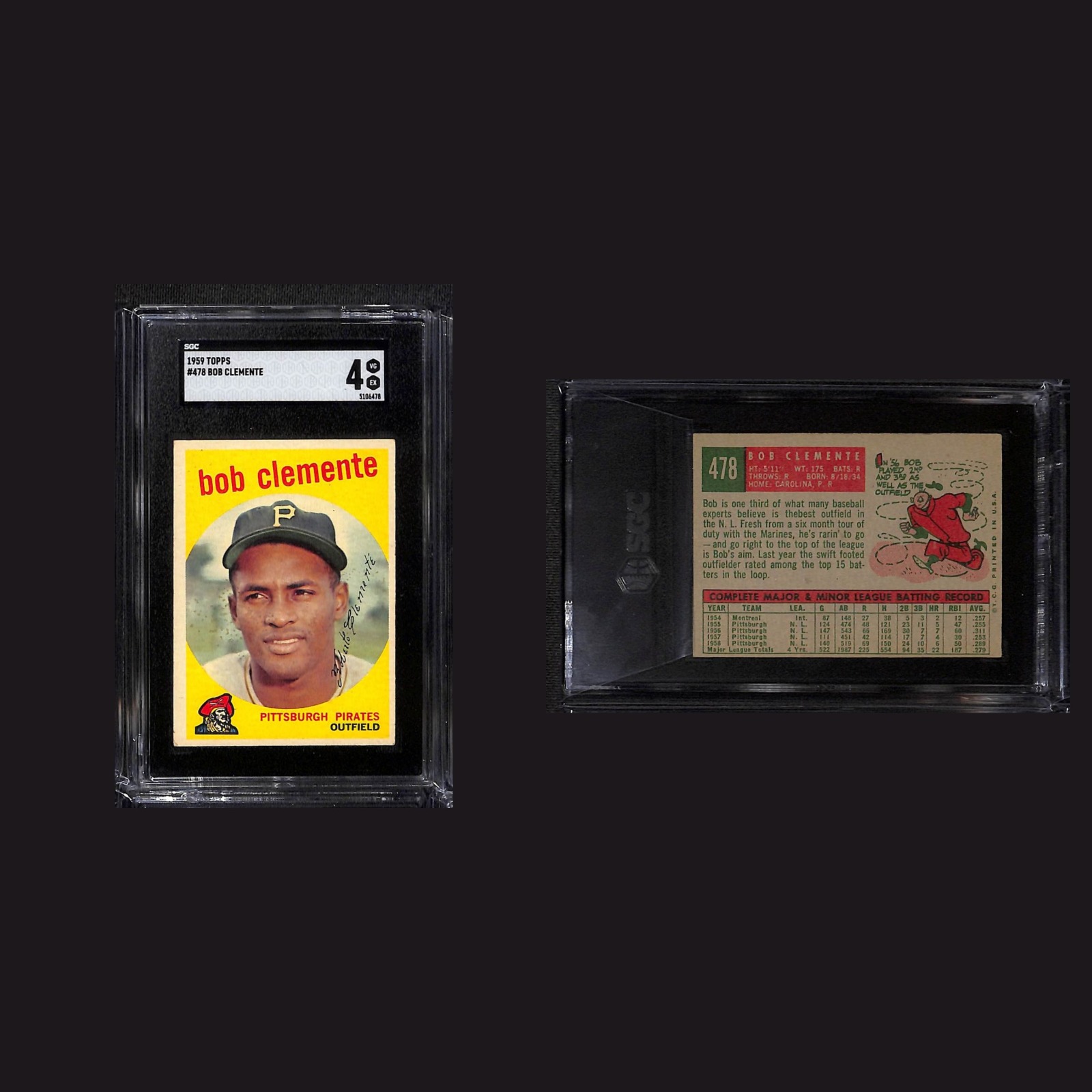 1959 Auto Bob Clemente #478 4 SGC Topps Pittsburgh Pirates Vintage Baseball Card front and back scans. Card condition is as shown in the scans.