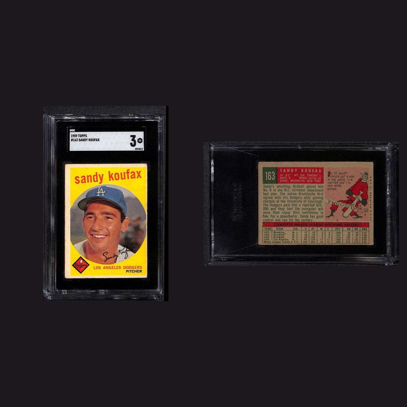 1959 Auto Sandy Koufax #163 3 SGC Topps Los Angeles Dodgers Vintage Baseball MLB front and back scans. Card condition is as shown in the scans.