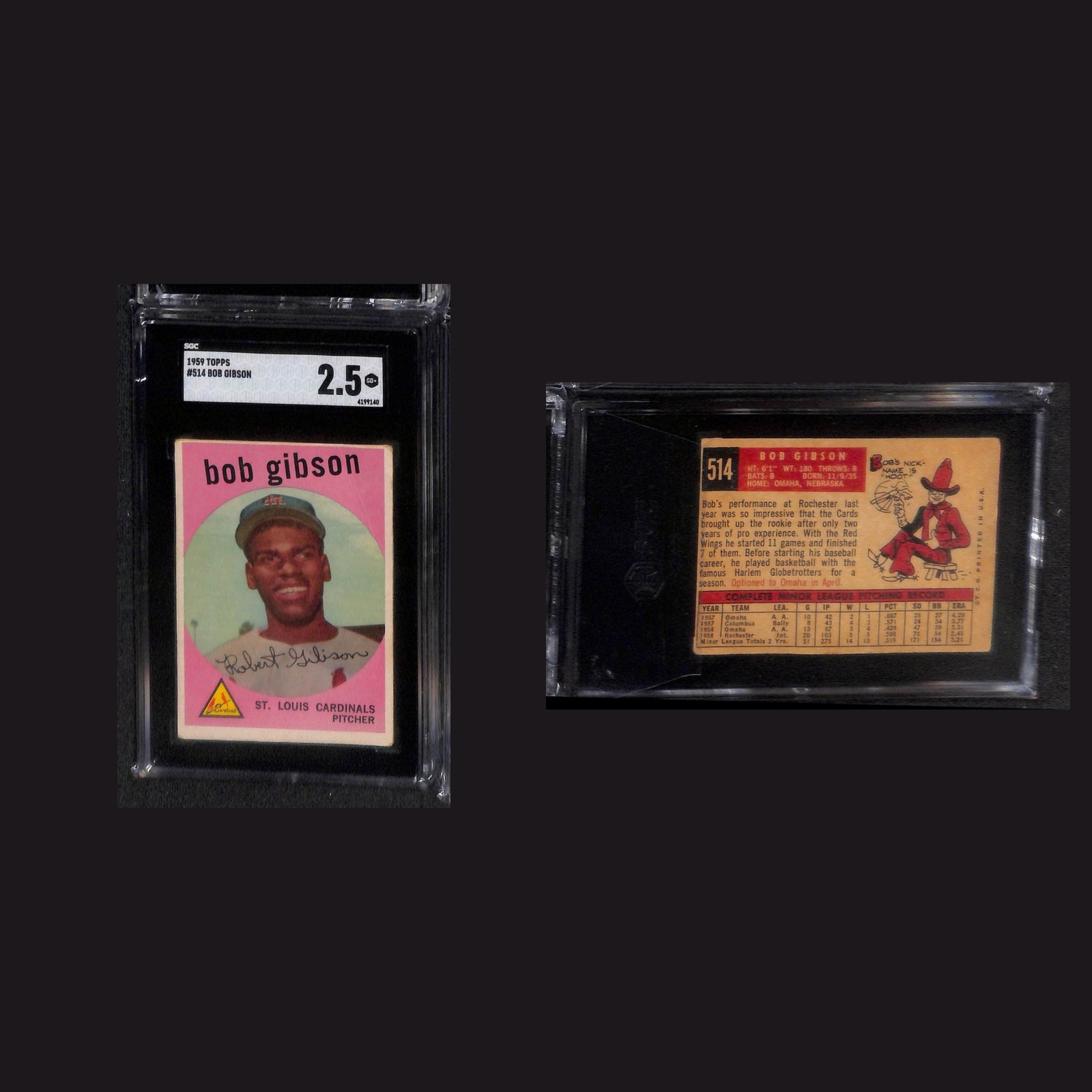 1959 Rookie Bob Gibson #514 2.5 SGC Autograph Topps St. Louis Cardinals Vintage front and back scans. Card condition is as shown in the scans.