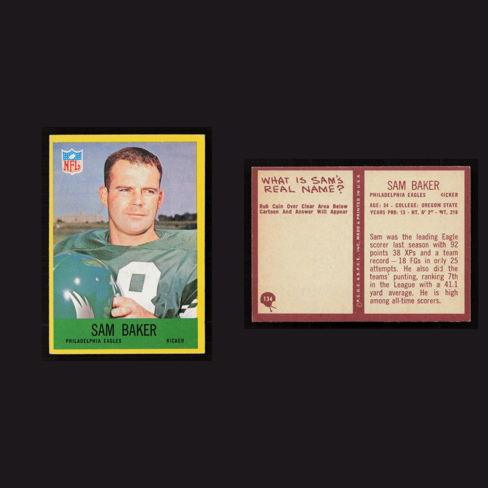 1967 Sam Baker #134 NM Philadelphia Philadelphia Eagles Vintage Football Card front and back scans. Card condition is as shown in the scans.