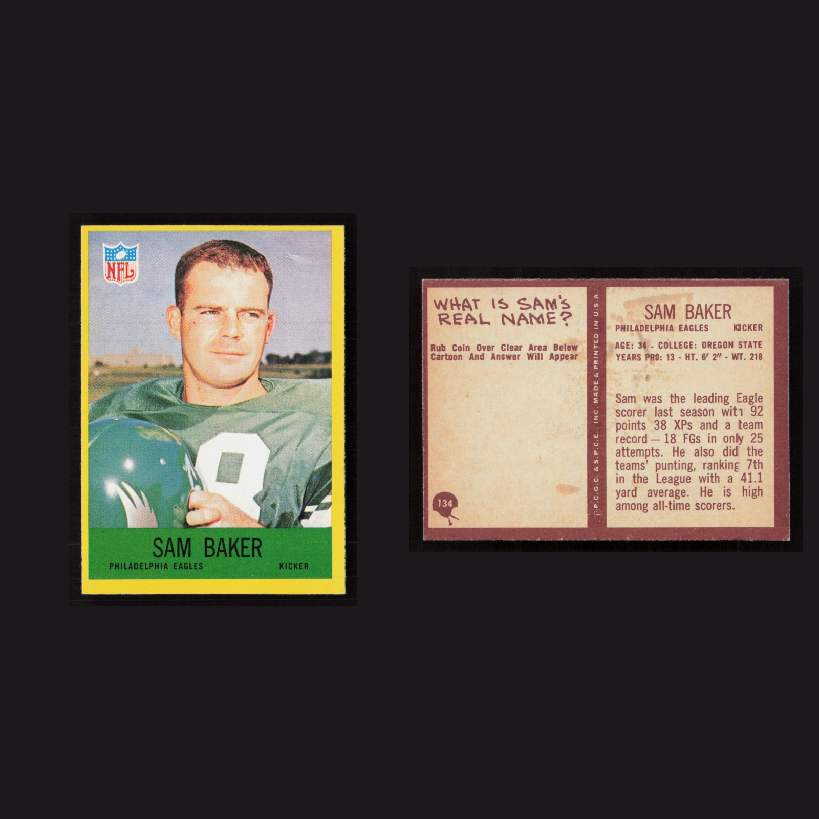 1967 Sam Baker #134 EX Philadelphia Philadelphia Eagles Vintage Football Card front and back scans. Card condition is as shown in the scans.