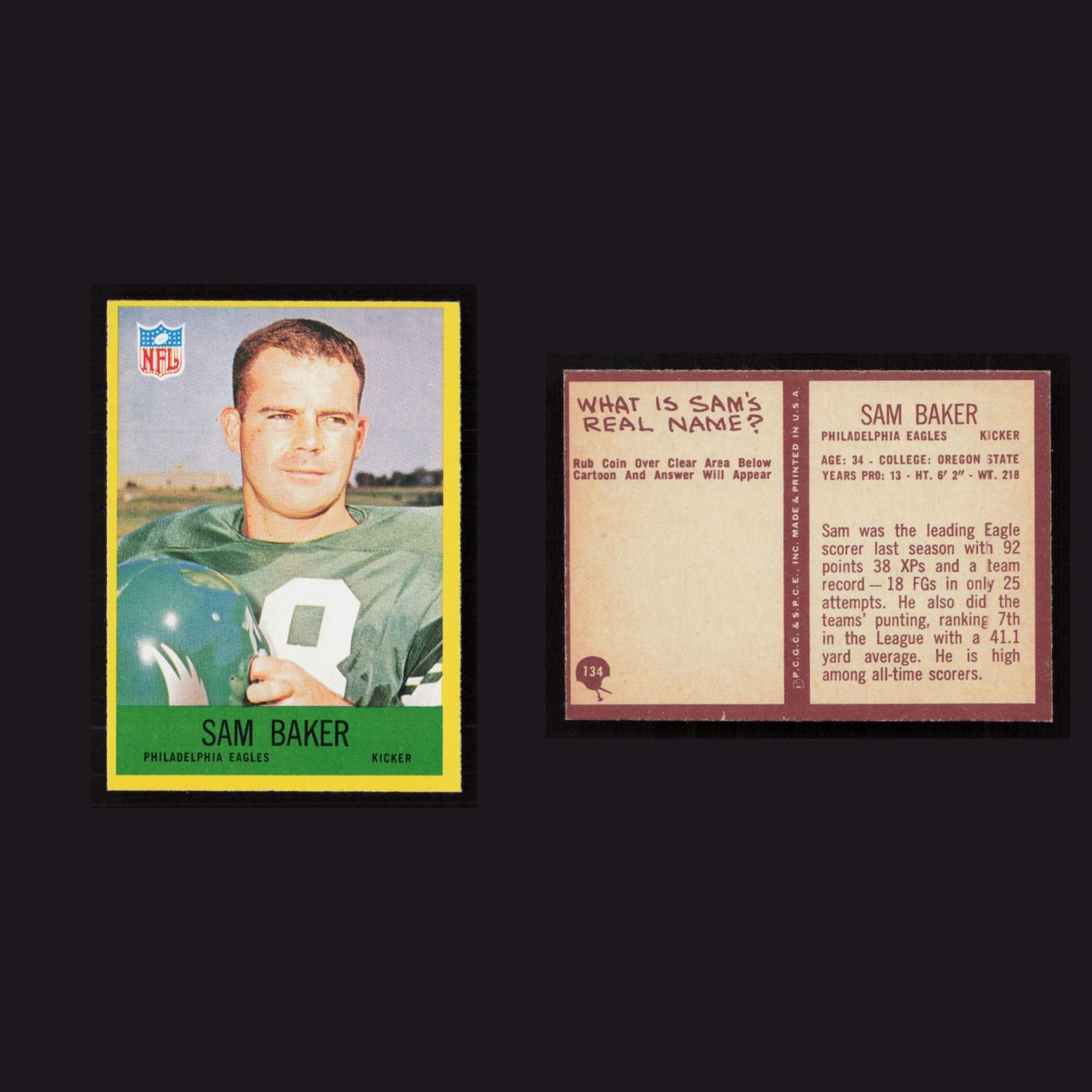1967 Sam Baker #134 NM Philadelphia Philadelphia Eagles Vintage Football Card front and back scans. Card condition is as shown in the scans.