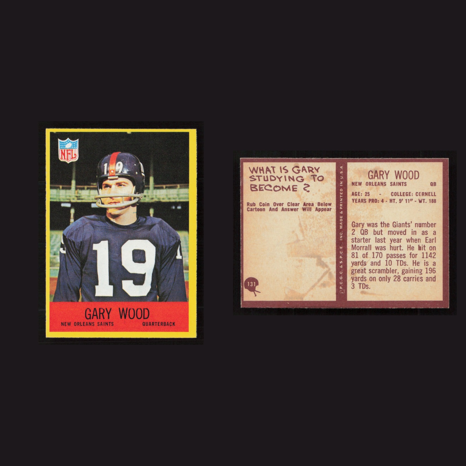 1967 Rookie Gary Wood #131 NM Philadelphia New Orleans Saints Vintage MMA Card front and back scans. Card condition is as shown in the scans.