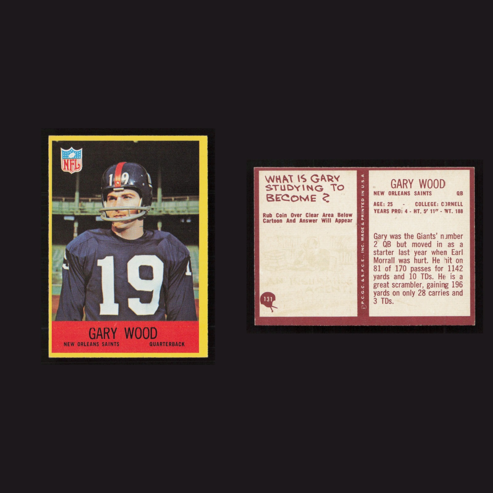 1967 Gary Wood #131 EX-EXMINT Philadelphia New Orleans Saints Vintage Football front and back scans. Card condition is as shown in the scans.