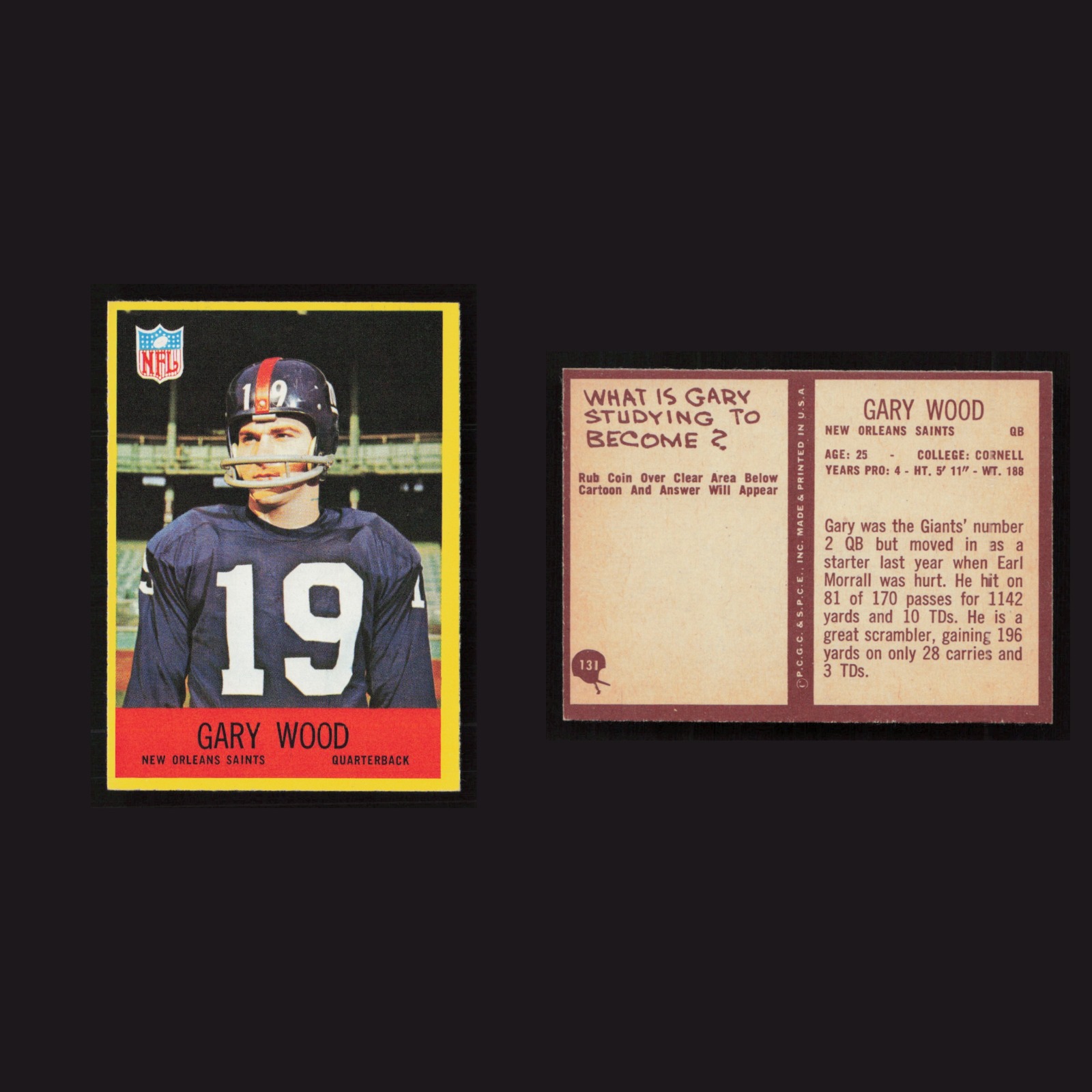 1967 Gary Wood #131 NM Philadelphia New Orleans Saints Vintage Football Card NFL front and back scans. Card condition is as shown in the scans.