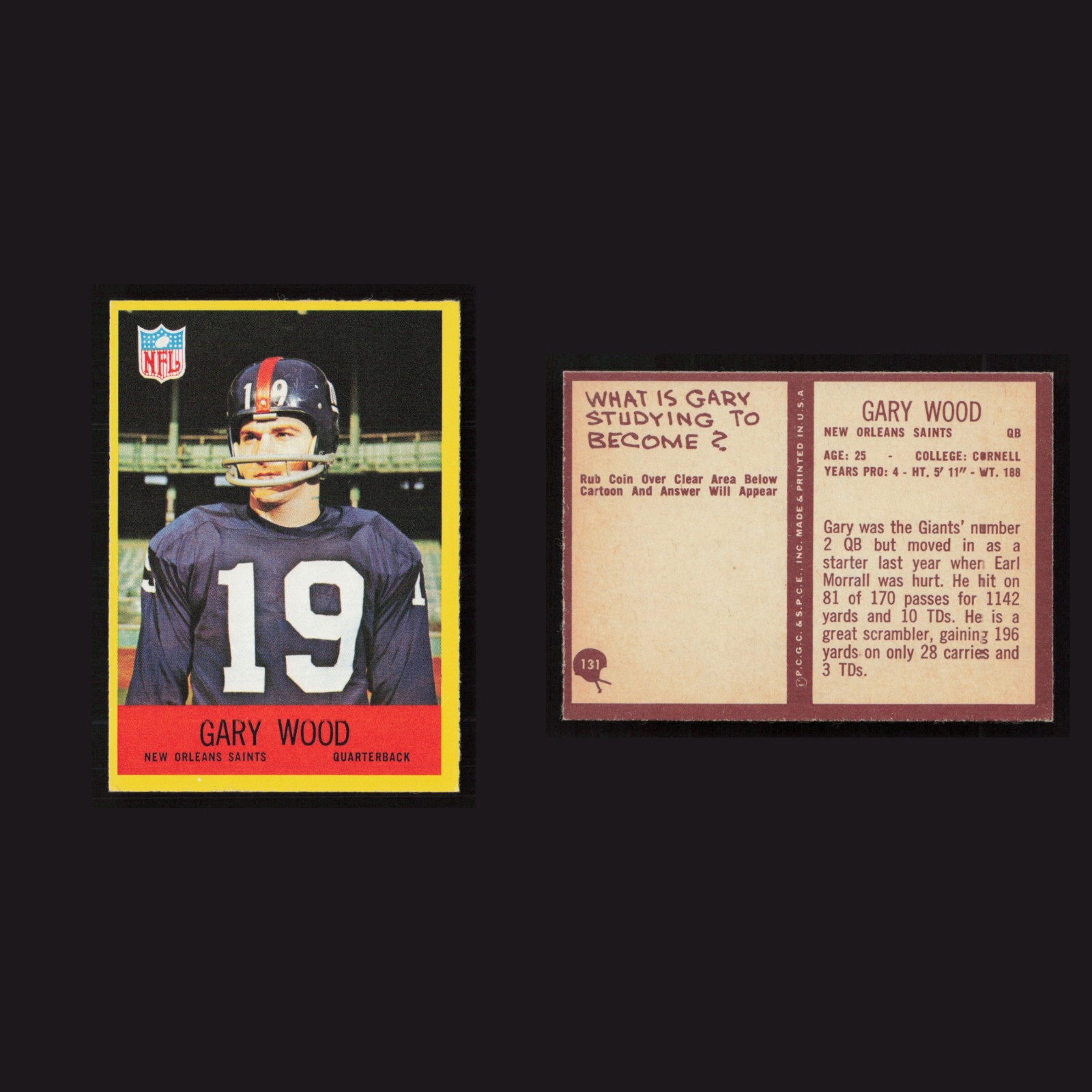 1967 Gary Wood #131 EX-EXMINT Philadelphia New Orleans Saints Vintage Football front and back scans. Card condition is as shown in the scans.