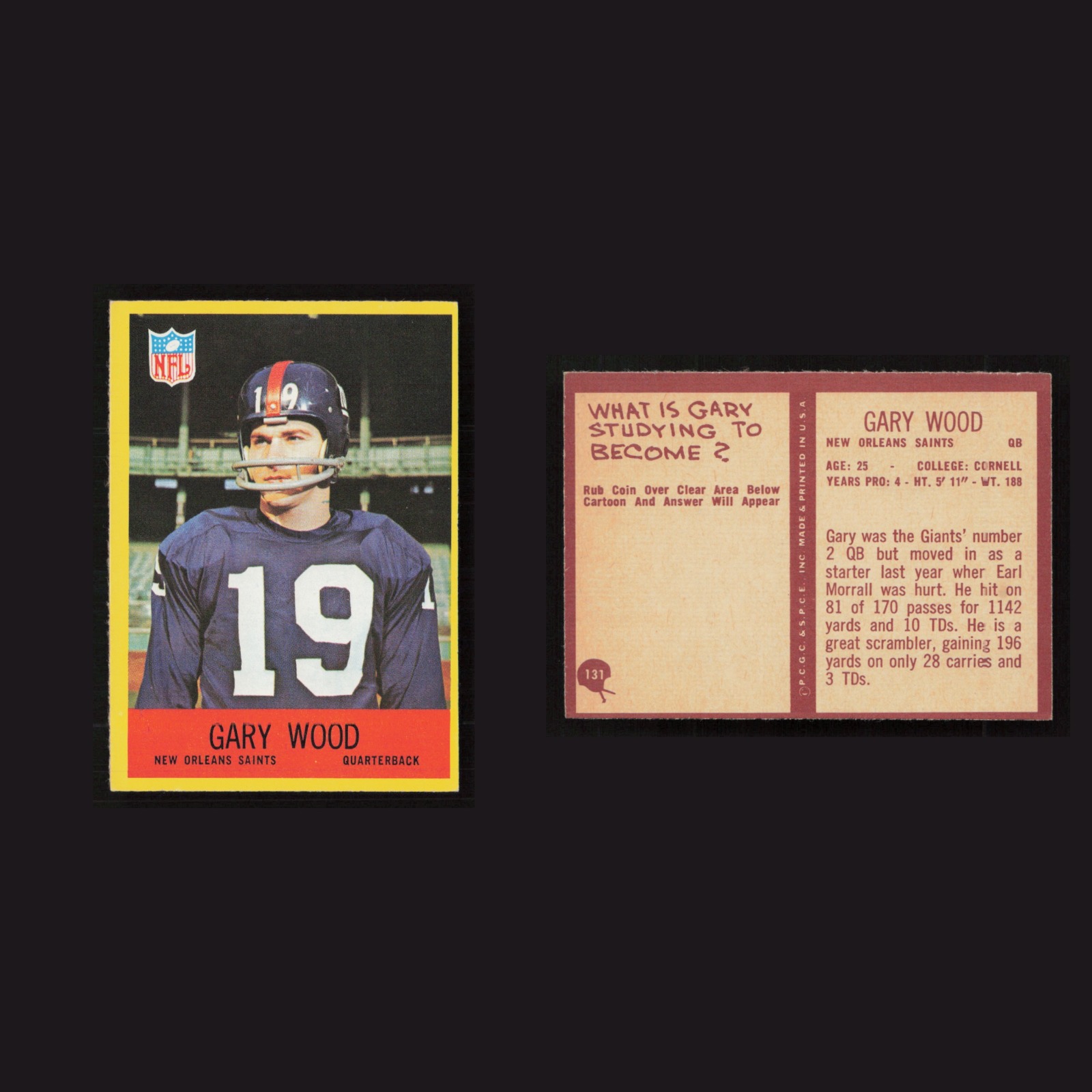 1967 Gary Wood #131 NM Philadelphia New Orleans Saints Vintage Football Card NFL front and back scans. Card condition is as shown in the scans.