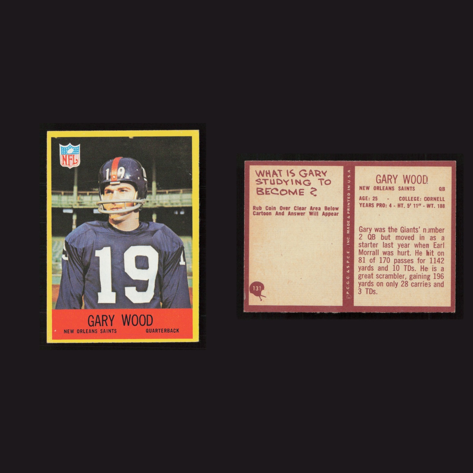 1967 Gary Wood #131 NM Philadelphia New Orleans Saints Vintage Football Card NFL front and back scans. Card condition is as shown in the scans.