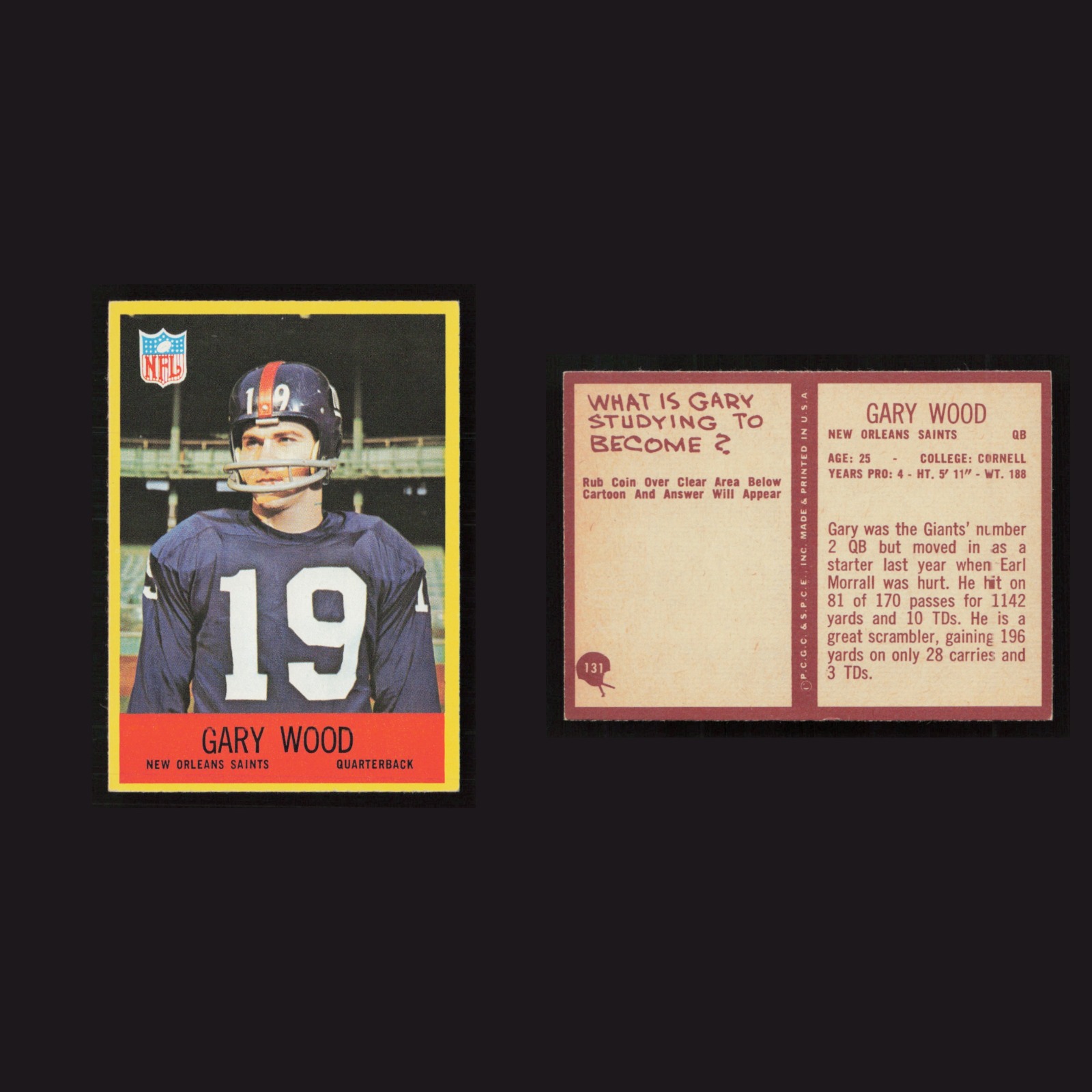 1967 Gary Wood #131 NM-MT Philadelphia New Orleans Saints Vintage Football Card front and back scans. Card condition is as shown in the scans.