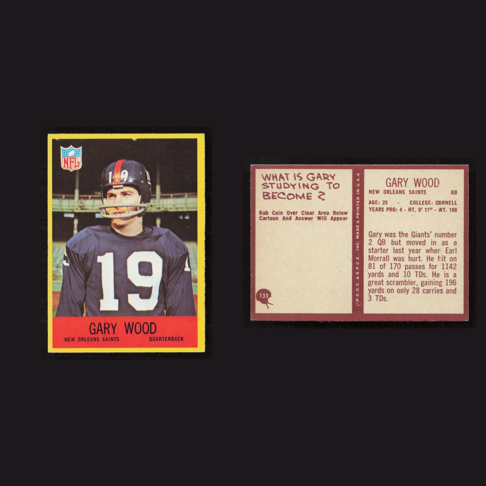 1967 Gary Wood #131 EX-EXMINT Philadelphia New Orleans Saints Vintage Football front and back scans. Card condition is as shown in the scans.
