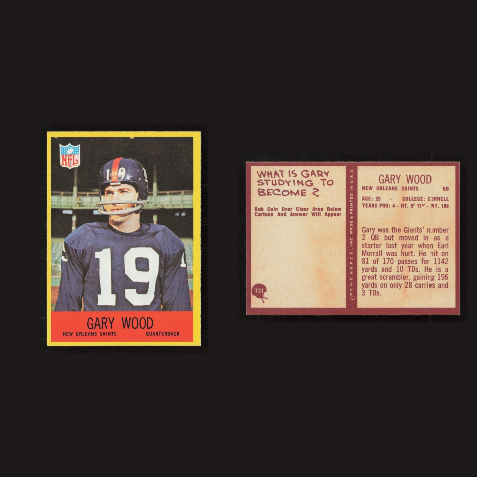 1967 Gary Wood #131 NM Philadelphia New Orleans Saints Vintage Football Card NFL front and back scans. Card condition is as shown in the scans.