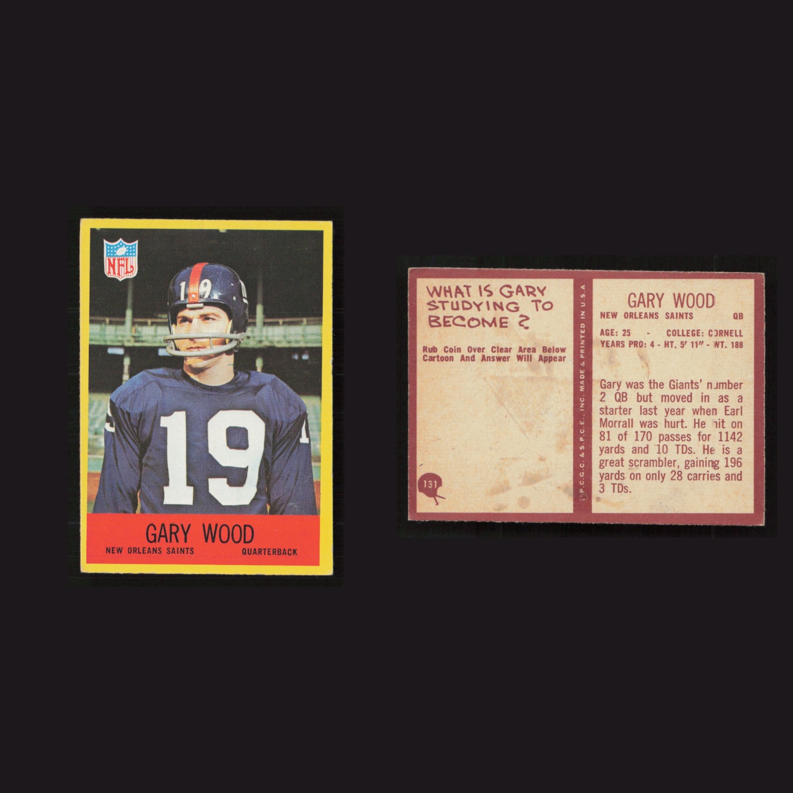 1967 Gary Wood #131 EX-EXMINT Philadelphia New Orleans Saints Vintage Football front and back scans. Card condition is as shown in the scans.