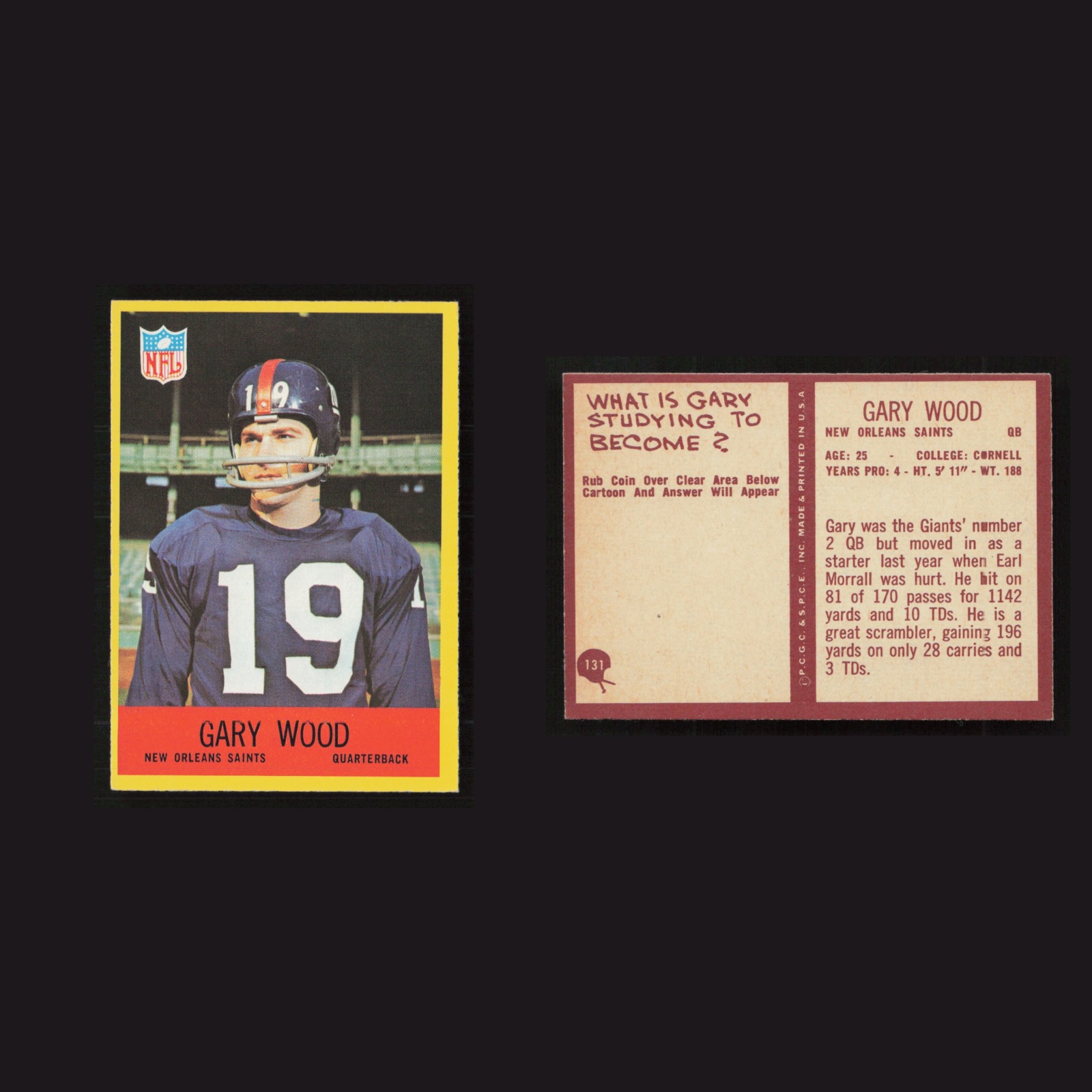 1967 Gary Wood #131 NM Philadelphia New Orleans Saints Vintage Football Card NFL front and back scans. Card condition is as shown in the scans.