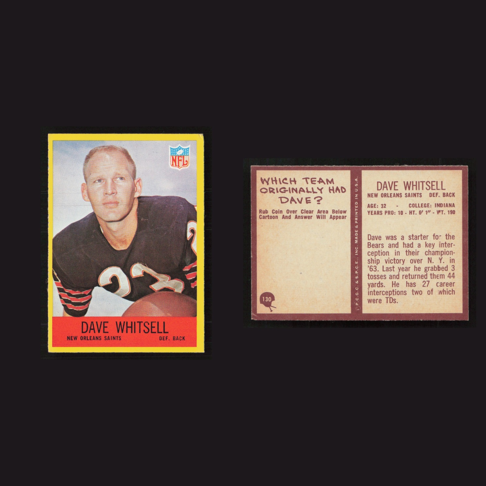 1967 Dave Whitsell #130 NM Philadelphia New Orleans Saints Vintage Football Card front and back scans. Card condition is as shown in the scans.