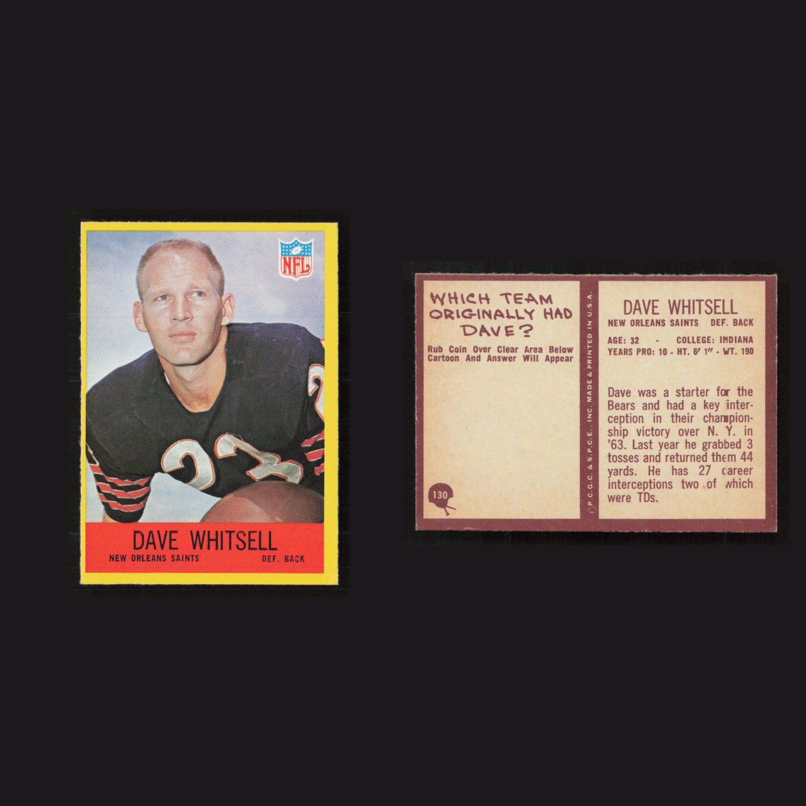 1967 Dave Whitsell #130 NM Philadelphia New Orleans Saints Vintage Football Card front and back scans. Card condition is as shown in the scans.
