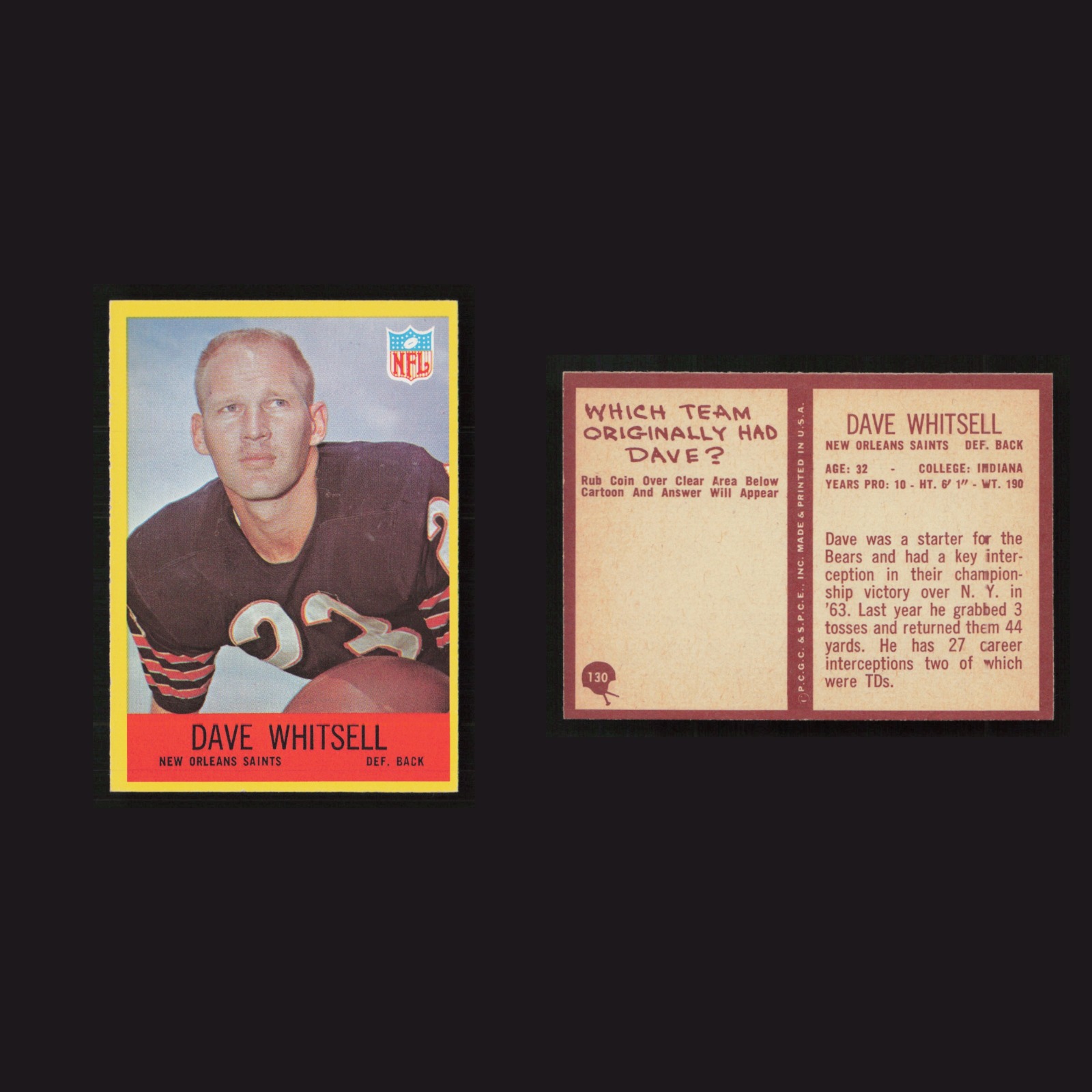 1967 Dave Whitsell #130 NM Philadelphia New Orleans Saints Vintage Football Card front and back scans. Card condition is as shown in the scans.