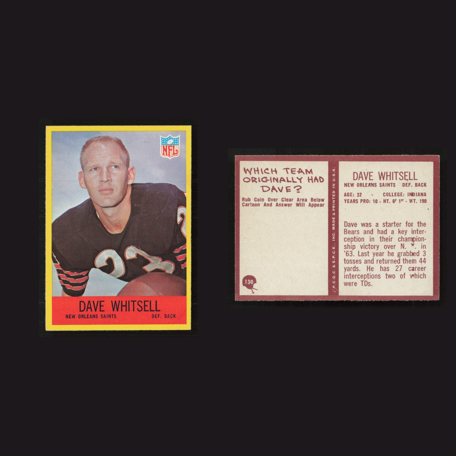 1967 Dave Whitsell #130 NM Philadelphia New Orleans Saints Vintage Football Card front and back scans. Card condition is as shown in the scans.