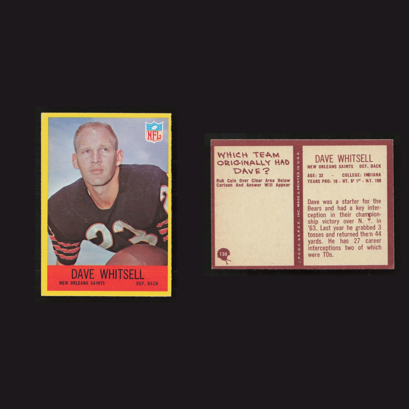 1967 Dave Whitsell #130 NM Philadelphia New Orleans Saints Vintage Football Card front and back scans. Card condition is as shown in the scans.