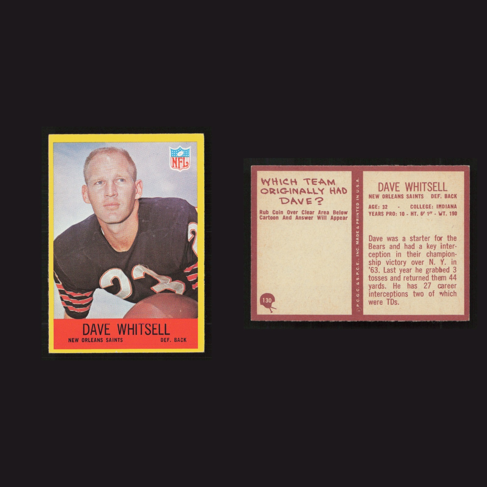 1967 Dave Whitsell #130 NM Philadelphia New Orleans Saints Vintage Football Card front and back scans. Card condition is as shown in the scans.