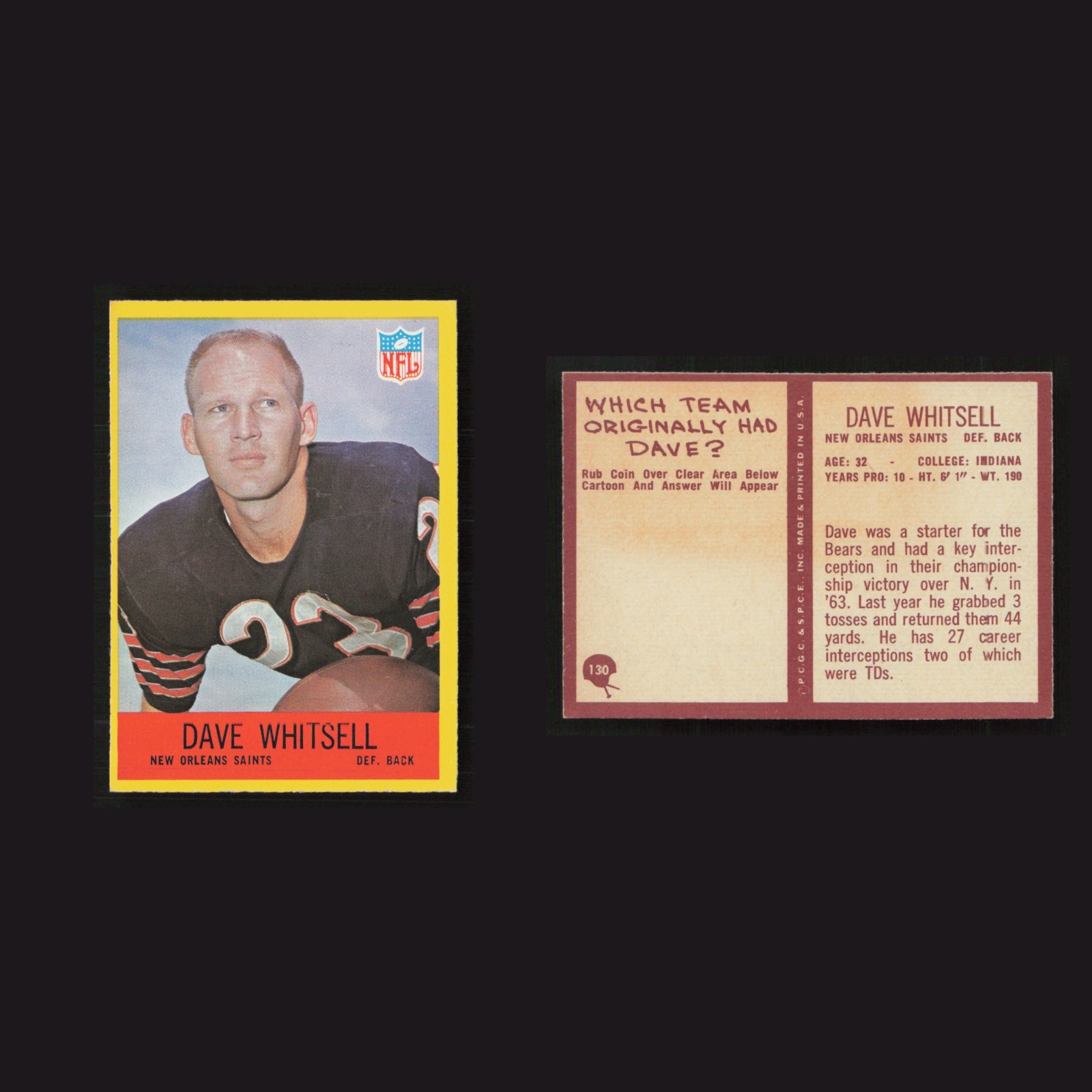 1967 Dave Whitsell #130 NM Philadelphia New Orleans Saints Vintage Football Card front and back scans. Card condition is as shown in the scans.