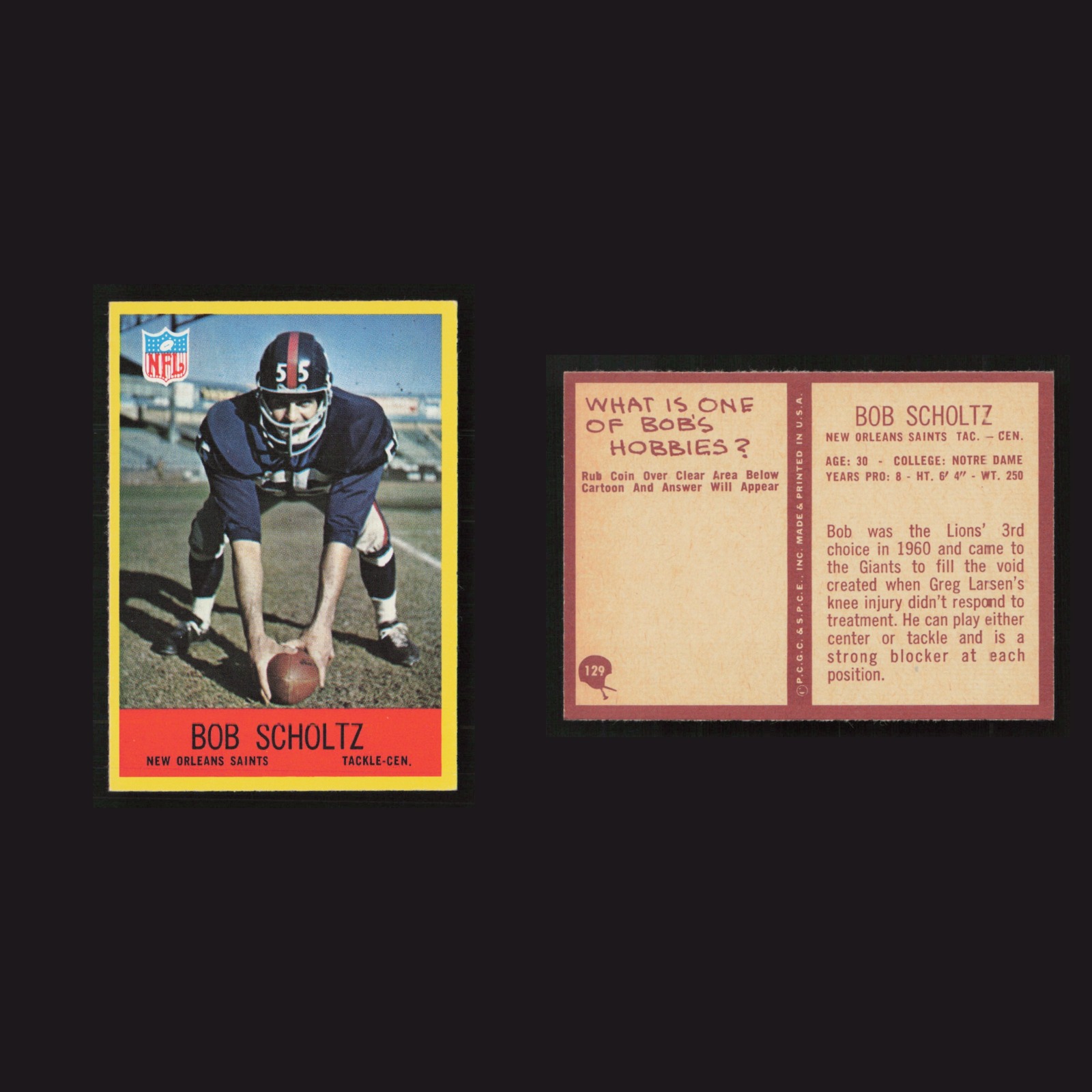 1967 Bob Scholtz #129 NM-MT Philadelphia New Orleans Saints Vintage Football NFL front and back scans. Card condition is as shown in the scans.