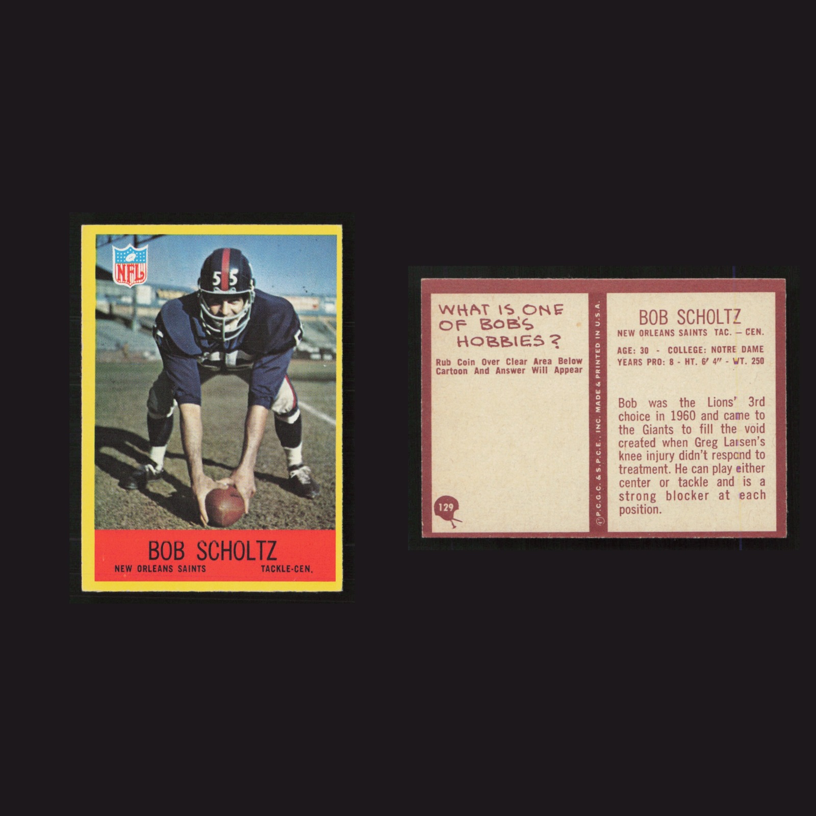 1967 Bob Scholtz #129 NM Philadelphia New Orleans Saints Vintage Football Card front and back scans. Card condition is as shown in the scans.