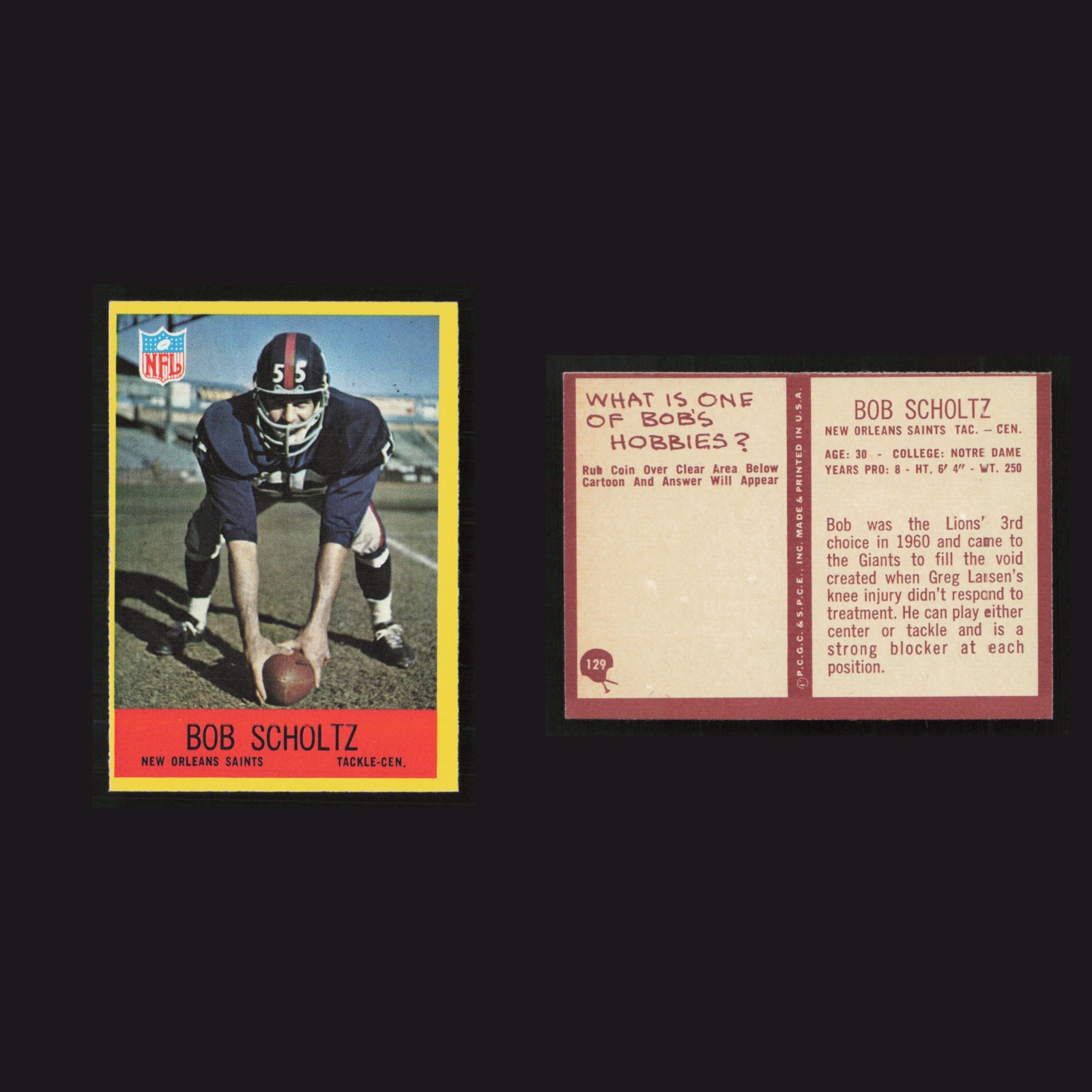 1967 Bob Scholtz #129 NM Philadelphia New Orleans Saints Vintage Football Card front and back scans. Card condition is as shown in the scans.