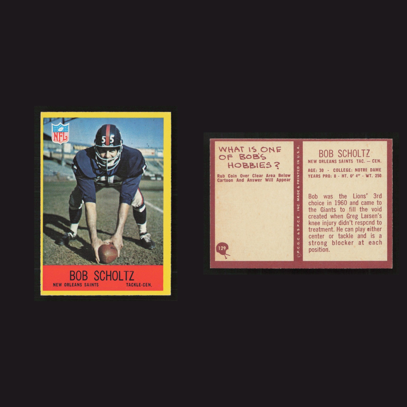 1967 Bob Scholtz #129 NM Philadelphia New Orleans Saints Vintage Football Card front and back scans. Card condition is as shown in the scans.
