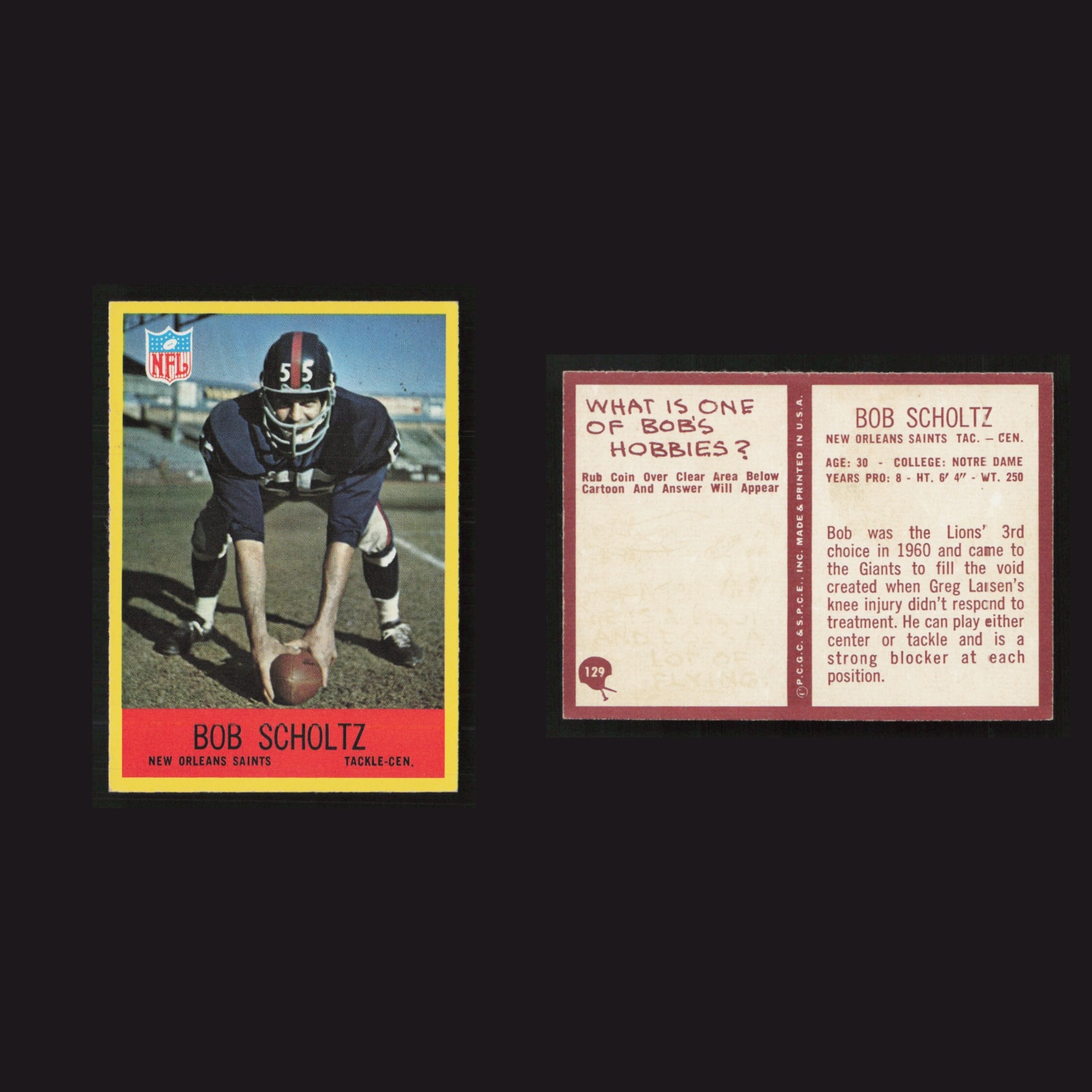 1967 Bob Scholtz #129 NM Philadelphia New Orleans Saints Vintage Football Card front and back scans. Card condition is as shown in the scans.