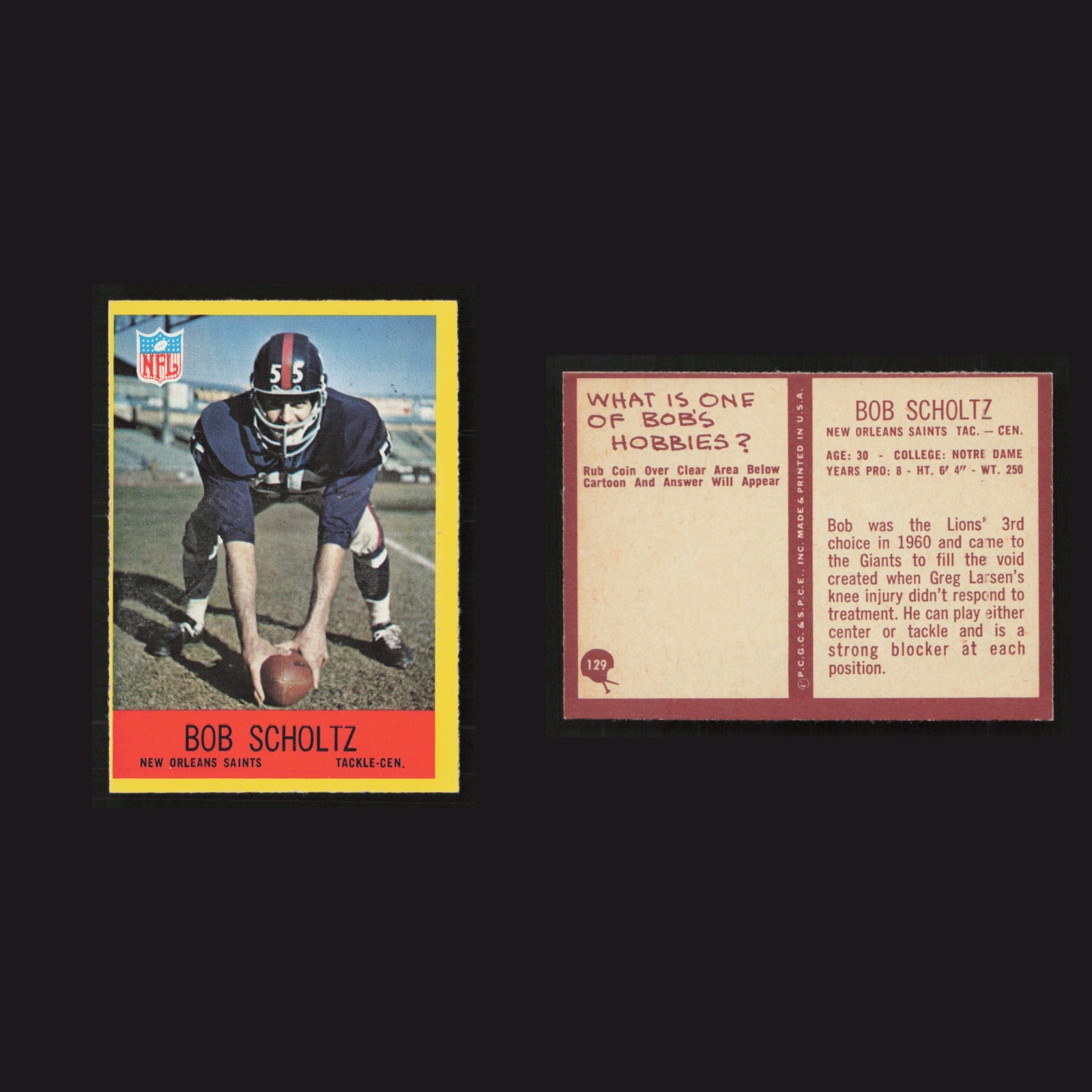 1967 Bob Scholtz #129 NM Philadelphia New Orleans Saints Vintage Football Card front and back scans. Card condition is as shown in the scans.