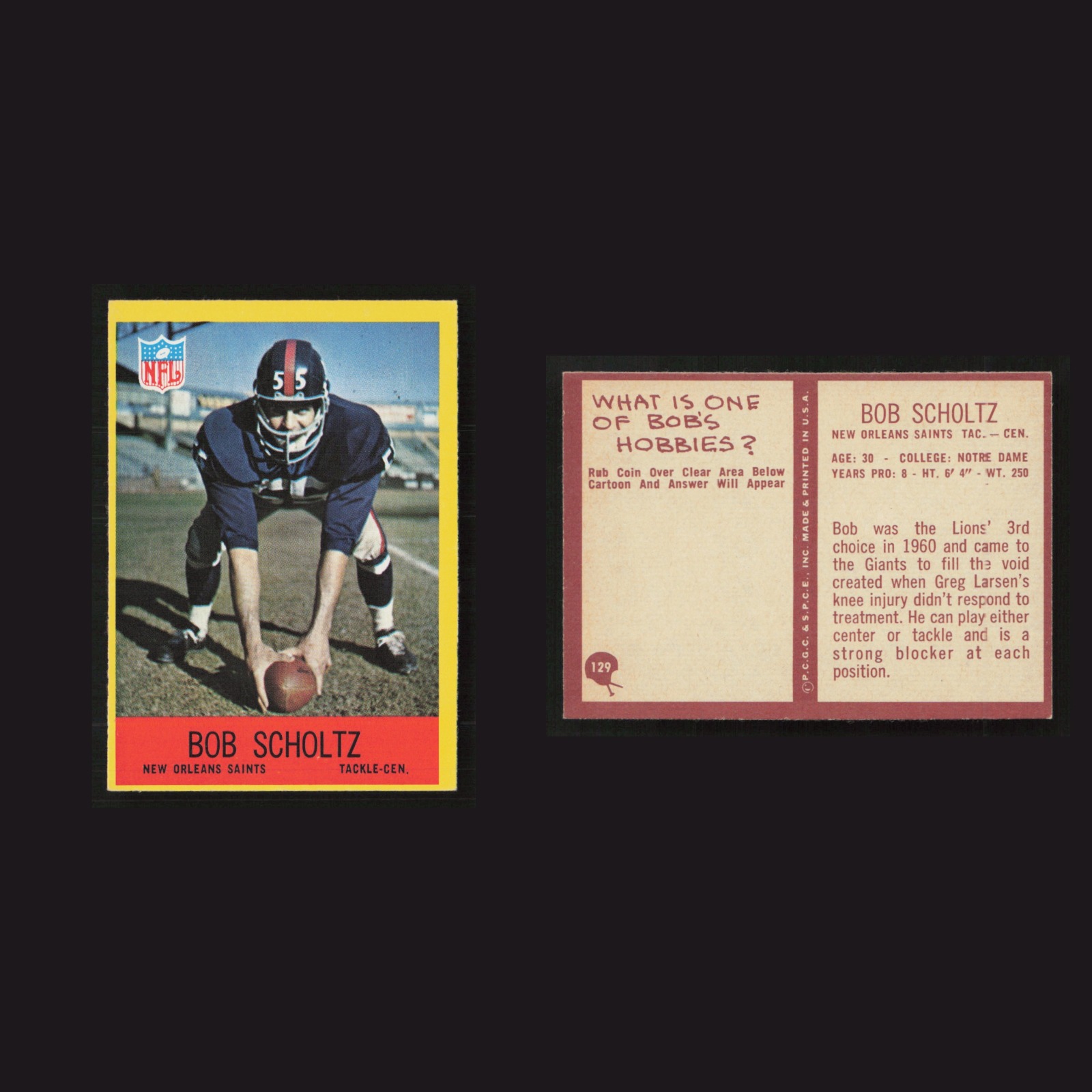 1967 Bob Scholtz #129 NM Philadelphia New Orleans Saints Vintage Football Card front and back scans. Card condition is as shown in the scans.