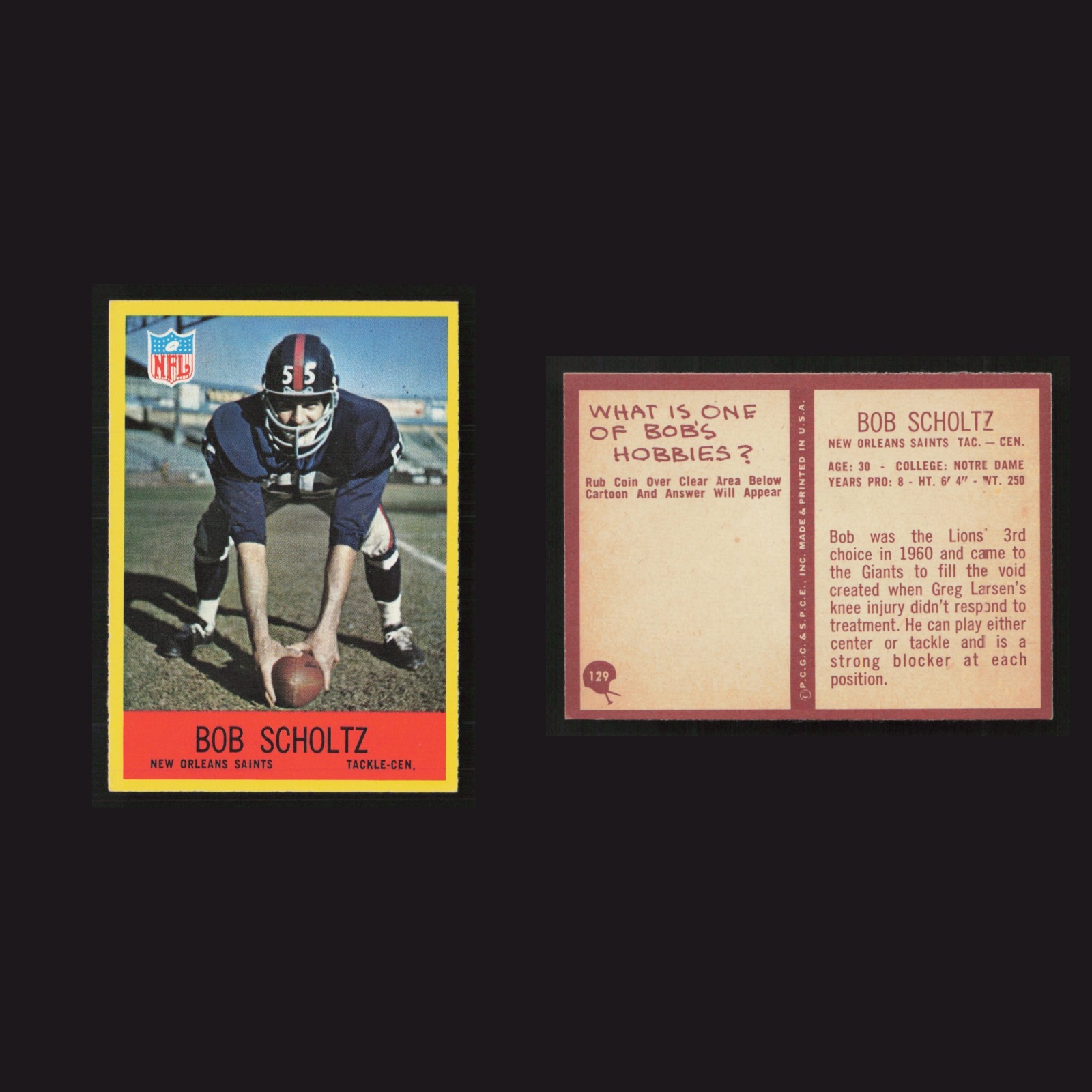 1967 Bob Scholtz #129 NM Philadelphia New Orleans Saints Vintage Football Card front and back scans. Card condition is as shown in the scans.