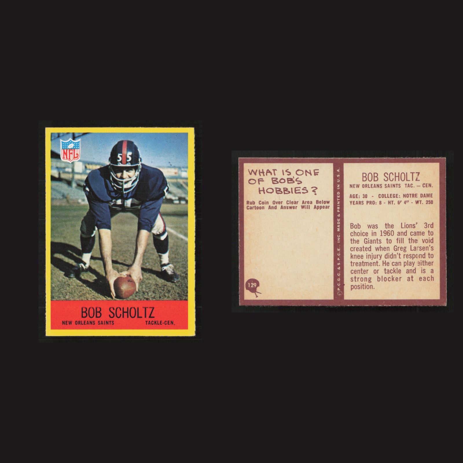 1967 Bob Scholtz #129 NM Philadelphia New Orleans Saints Vintage Football Card front and back scans. Card condition is as shown in the scans.