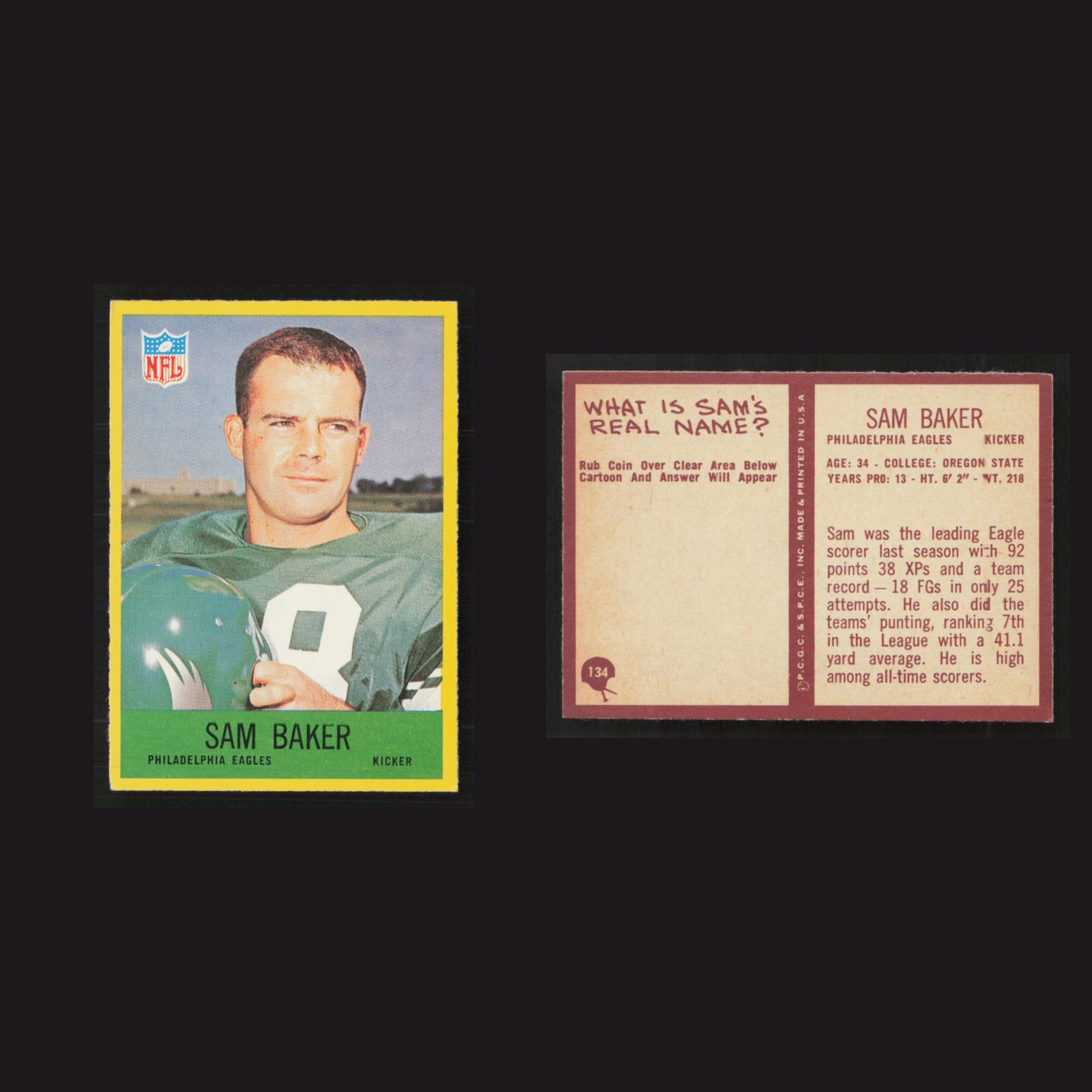 1967 Sam Baker #134 NM Philadelphia Philadelphia Eagles Vintage Football Card front and back scans. Card condition is as shown in the scans.